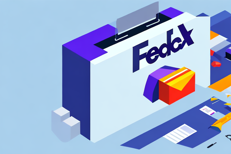 Illustration of a FedEx dropbox with a package being inserted, showcasing problem solving in action. The box is purple and white with the FedEx logo. Nearby are papers, a pen, and another small package on a blue surface. The background is light blue, echoing efficiency like FedEx Ship Manager.