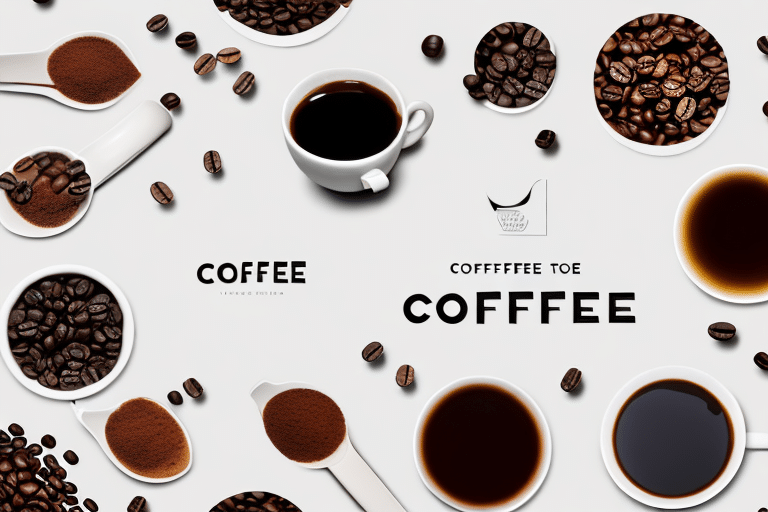 An arrangement of coffee-themed items, featuring cups filled with coffee, coffee beans, and scoops of ground coffee. Tea products subtly blend into the scene, scattered on a light background with the word COFFEE artistically crafted in various styles.