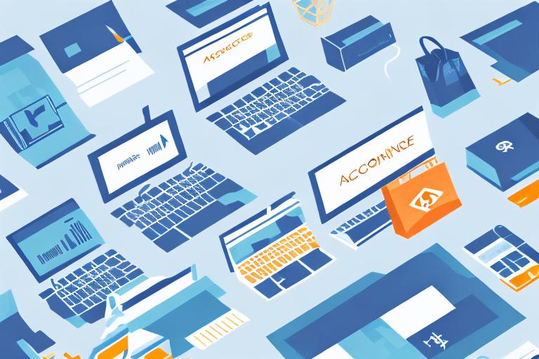 An illustration of various open laptops and electronic devices, featuring abstract designs and text on their screens. The background is a light blue, with shopping bags suggesting e-commerce activities. Documents are scattered among the devices, hinting at accounting systems in action.