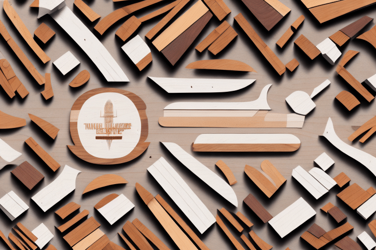 A variety of wooden pieces in different shapes and sizes are arranged neatly on a surface. Among them is an oval piece with a logo that reads, Tranquil Timbers Beach Café. Perfect for e-commerce platforms, the collection showcases light to dark wood tones ideal for online displays.