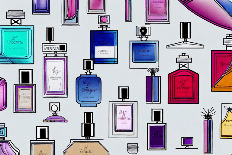 A colorful assortment of various perfume bottles in different shapes and sizes showcases exquisite fragrances. The bottles in shades of blue, pink, purple, and black feature intricate designs and labels against a light grey background, perfect for display on popular e-commerce platforms.