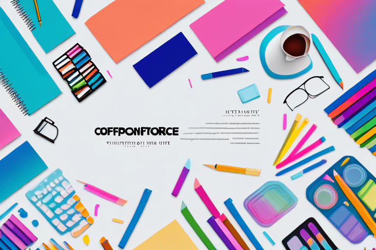 A flat lay of colorful stationery and office supplies, including notebooks, pens, markers, paper clips, and a keyboard on a white background. An inviting cup of coffee sits alongside glasses and vibrant papers. Perfect for showcasing on E-Commerce platforms.