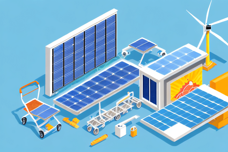 Illustration of various solar panels and wind turbines against a blue background. Includes portable solar panels, a large mounted panel, a wind turbine, and tools, highlighting innovative solar energy equipment and installations as part of renewable energy technologies.