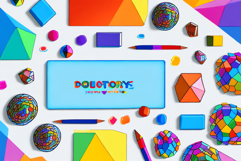 A vibrant, colorful array of geometric toys surrounds a rectangular white board with doodles and DOLOROTYRE written in bold, playful letters. Multicolored spheres, cubes, pencils, and abstract shapes evoke the joyous spirit of games on a crisp white background.