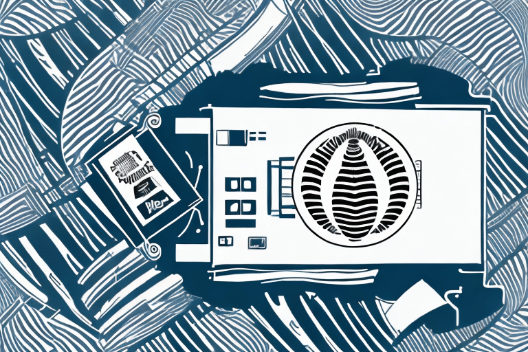 Illustrated image of a computer graphics card with a circular fan, surrounded by abstract lines and shapes. A Summit Voltaic box labeled Ple sits nearby. The design, reminiscent of technologys modern aesthetics, subtly nods to troubleshooting like with UPS Worldship systems.