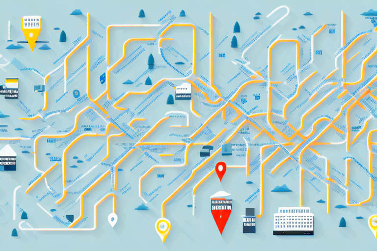 A stylized map with orange and blue lines representing a metro system, featuring station names in Cyrillic script. The background is light blue with illustrations of landmarks, trees, and symbols like a museum icon and a location pin for local carriers.