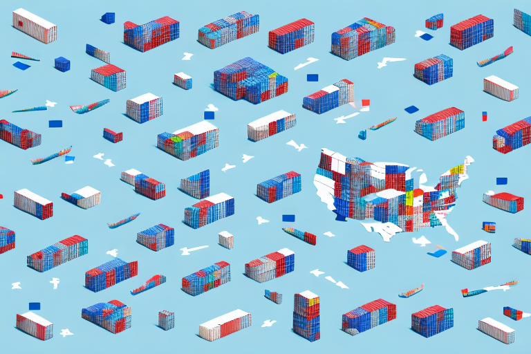 An illustration of the United States map is filled with colorful shipping containers, symbolizing US shipping. Containers in red, blue, and white are scattered across the map on a light blue background, representing leading trade and logistics practices by top shipping companies.