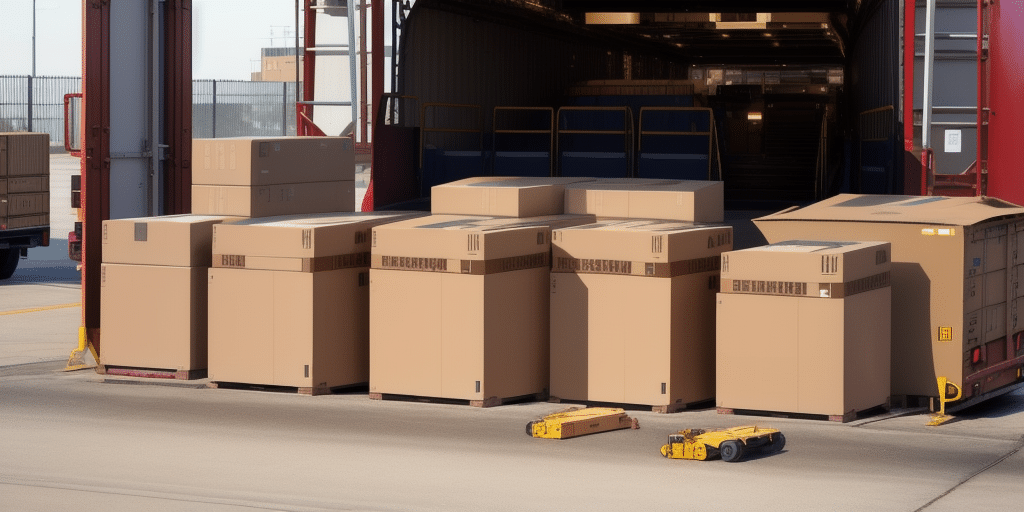 At a bustling warehouse, several large cardboard boxes are being loaded onto a truck with the help of small automated vehicles. Nearby, technicians troubleshoot minor issues as they seamlessly integrate UPS Worldship software for efficient logistics management.
