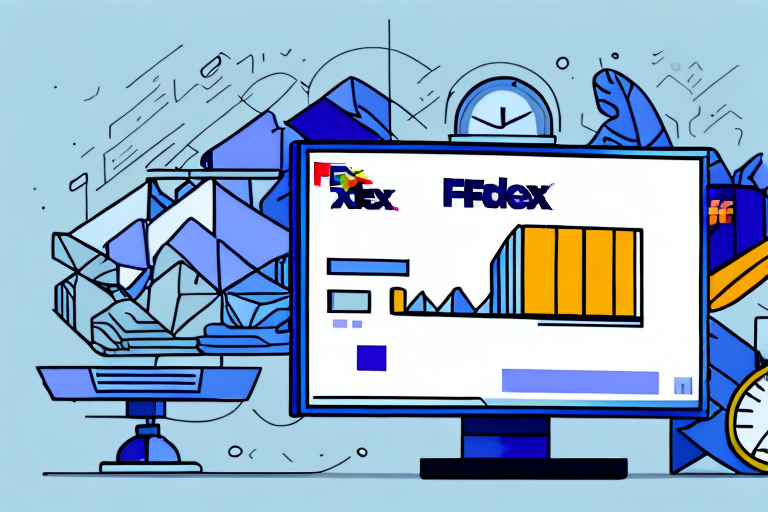 A computer screen displays a colorful financial graph with bar and line charts, essential for troubleshooting when rates are not showing. Surrounding it are abstract geometric shapes and symbols, including scales and clock hands, set against a light blue background.