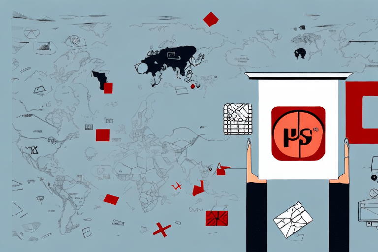 Hands placing a package with a red and black logo on a conveyor belt, surrounded by a world map. Various abstract symbols and icons hint at troubleshooting global logistics issues, much like addressing an Error 400 in systems like UPS Worldship for smooth connectivity.