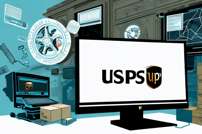 A computer screen displays a logo combining USPS and UPS, hinting at an automated system. In the background, packages, shipping labels, and various postal equipment are scattered, reminiscent of a UPS WorldShip interface that streamlines shipping tasks.