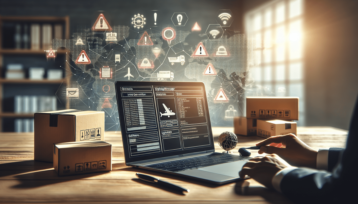 A person at a desk uses a laptop with FedEx Ship Manager, surrounded by cardboard boxes. Digital shipping icons and network graphics float above, symbolizing global supply chain management. Sunlight streams in from a window, creating a warm ambiance as they troubleshoot update failures.