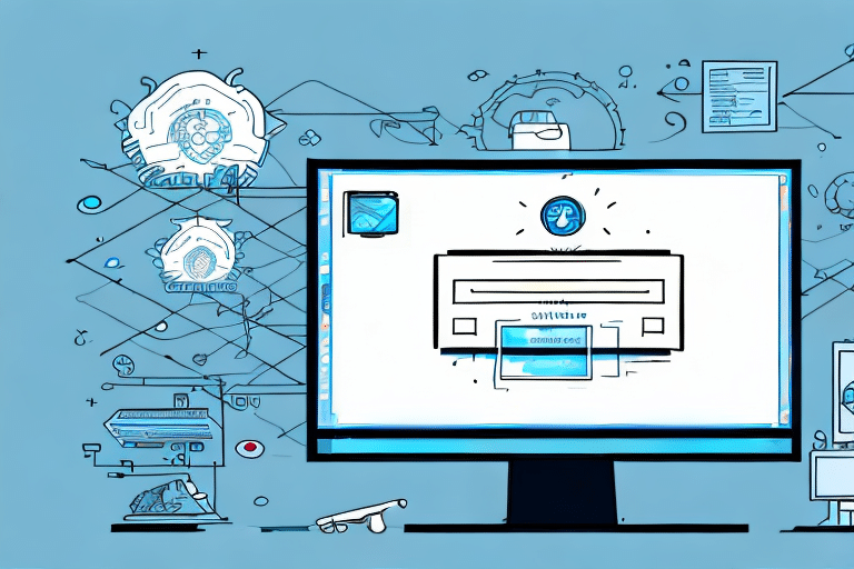 A computer screen displaying a connection interface, surrounded by abstract technological and mechanical elements on a blue background. Components and circuits swirl around the monitor, echoing the futuristic tech theme, reminiscent of troubleshooting Installation Failure on systems like UPS WorldShip.