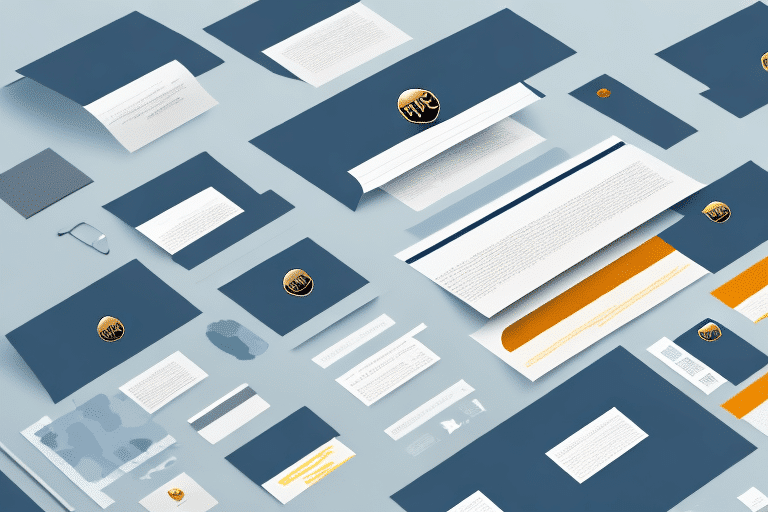 A flat lay of various business stationery items, including letterheads, envelopes, business cards, and folders in a blue and white color scheme with gold accents and a logo. The cohesive design ensures seamless labeling for printing document labels against the light, neutral background.