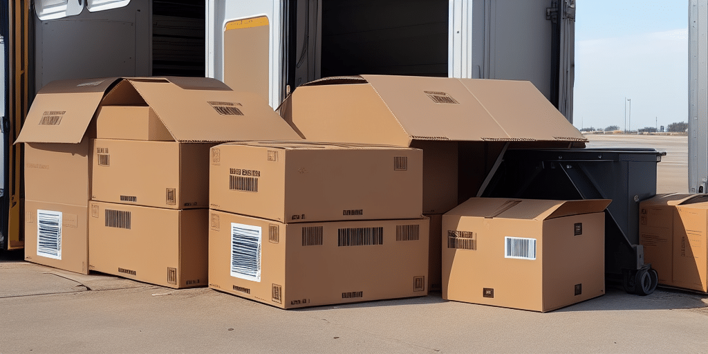 Several large brown cardboard boxes, some with small labels and barcodes, are stacked outside a delivery truck on a sunny day. A black rolling cart, potentially used for items with printing issues from UPS Worldship, is visible beside the boxes on the paved surface.