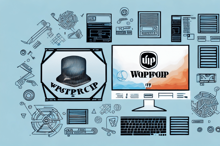 An illustration of a computer setup with abstract digital graphics and icons features a central monitor displaying WOPFOIP, while another screen shows WASTRCIP with a top hat graphic. Surrounding elements include gears, blueprints, tech symbols, and hints of a Windows 10 database exception.