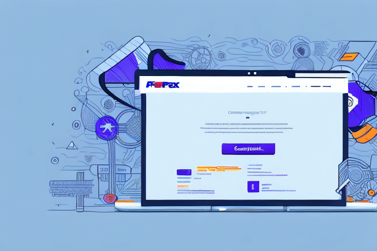 A computer monitor showcases an online form for an aviation-related service, accented by vivid purple and blue hues. The backdrop features aviation-themed gears and diagrams. Two prominent buttons invite users to explore services like FedEx Ship Manager amidst this colorful digital interface.