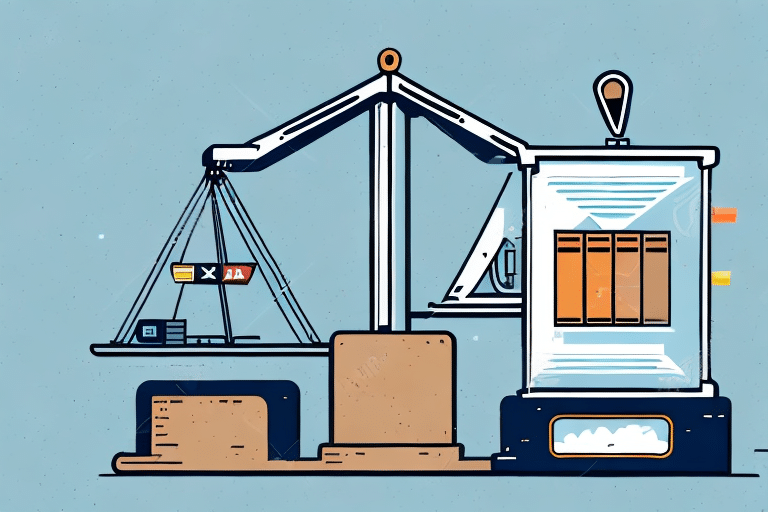 Illustration of a mechanical scale, reminiscent of a UPS Worldship Scale, with one side holding shipping containers and the other resembling a building. The light blue background adds to the theme of connection in logistics.