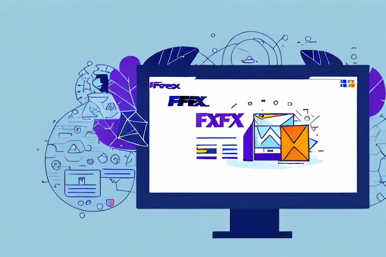 A computer screen displays digital graphics and icons with stylized text FEXFX. A blue background features abstract shapes and lines, evoking a modern tech-themed design perfect for tackling printing issues or troubleshooting via FedEx Ship Manager.