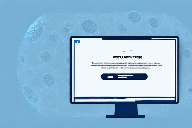 A monitor displays a login screen with a blue background and network-like graphics, reminiscent of a UPS Worldship interface. The text is partially obscured, while the login fields hint at advanced security. This setup invites troubleshooting to resolve any address not showing issues.