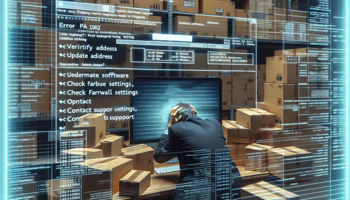 A person sits overwhelmed at a desk surrounded by stacks of cardboard boxes. The computer screen displays numerous error messages and typos, like Error PA_1002 in UPS Worldship, indicating a stressful troubleshooting scenario.