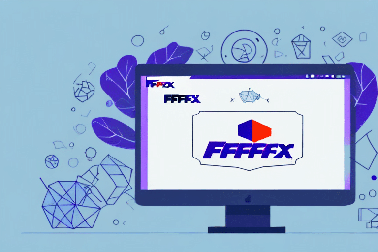 A computer monitor displays a geometric logo with the text FFFFX. Surrounding the monitor are illustrated leaves and geometric shapes, creating a tech-inspired backdrop like FedEx Ship Manager icons against a light blue background.
