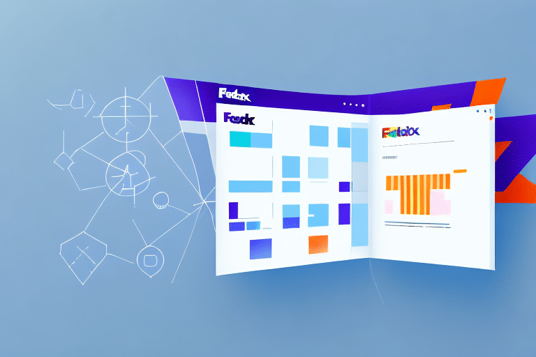 Illustration of an open digital interface with the FedEx logo, showcasing colorful graphs and charts. Abstract geometric shapes are in the background, emphasizing a modern and technological theme, while hinting at troubleshooting features related to missing lookup values in FedEx Ship Manager.