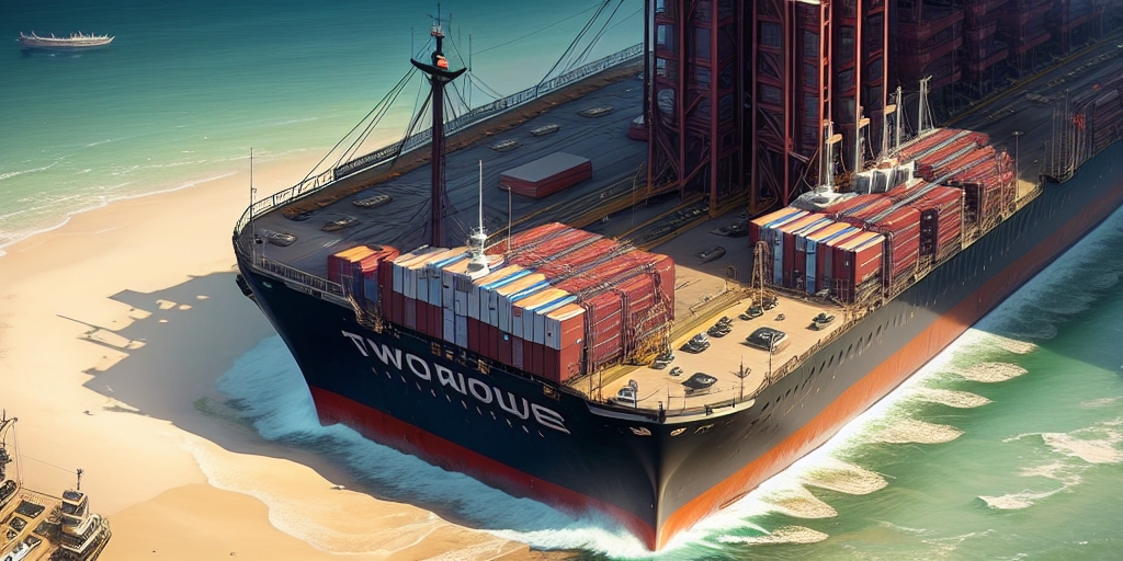 A large container ship labeled TWO ROWE is beached on a sandy shore, surrounded by clear blue water. Stacked with numerous shipping containers, its as if even the ocean was unable to connect with its journey. A smaller boat drifts in the background.