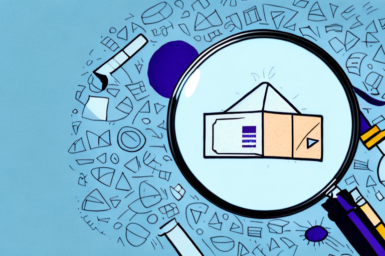 A magnifying glass focuses on a geometric shape resembling a cube inside a teardrop, surrounded by abstract shapes and symbols on a blue background. The colorful and dynamic design suggests analysis or troubleshooting, much like navigating complexities in FedEx Ship Manager.