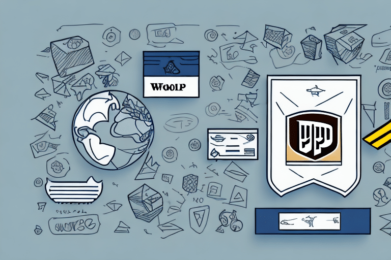 Illustration of various doodles, such as a globe, envelopes, and a paper airplane, alongside hints of UPS WorldShip troubleshooting. The light blue background features icons symbolizing communication and travel nuances.