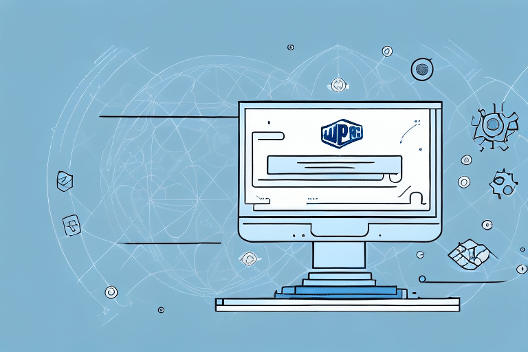A computer screen displaying a web page with a WPC logo. The background is blue with abstract gears and cube designs, suggesting technology and innovation themes, seamlessly connecting to shared files for enhanced collaboration.