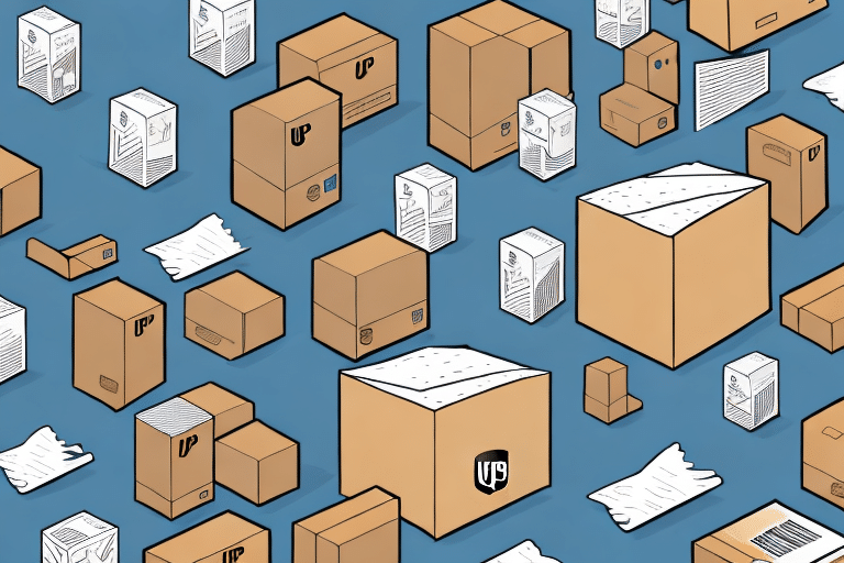 Illustration of various cardboard boxes and packing materials scattered on a blue background. Some labels are grayed out, hinting at an intriguing mystery yet to be uncovered in the world of packaging and shipping. Crumpled paper sheets complete this subtle nod to logistics history.