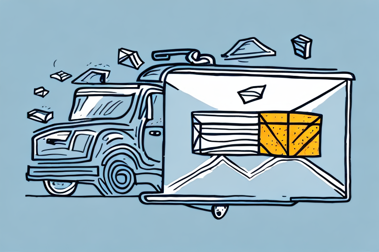 Illustration of a truck with an oversized envelope on its trailer, highlighting the concept of Courier Pay. Inside the envelope, theres a package, while paper planes fly around, conveying fast delivery or mail service. The light blue background adds to the vibrant theme.