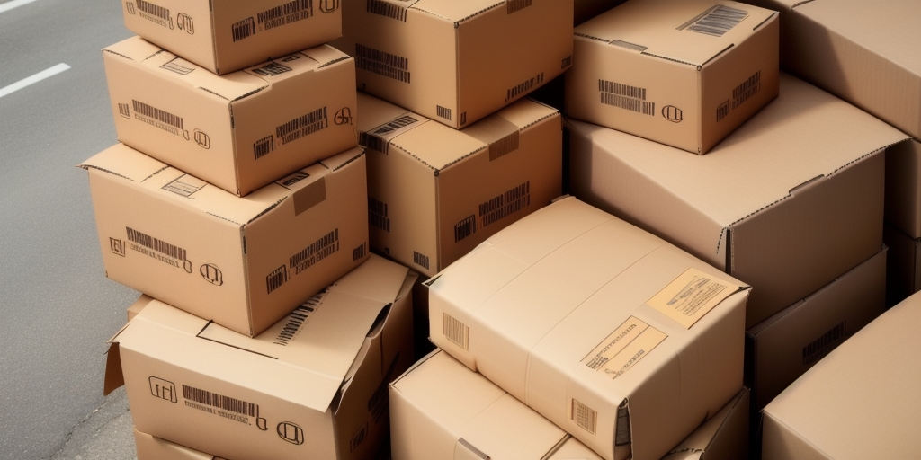 Stacks of cardboard boxes piled up on a pavement by the road. Each box varies in size and features printed labels and symbols, hinting at potential delivery issues. The tightly packed arrangement suggests a moving scenario or perhaps the resolution of shipment problems.