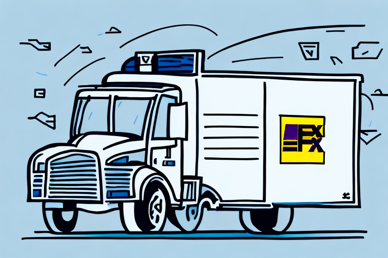 Illustration of a FedEx delivery truck with a prominent logo on the side, driving swiftly on a road as wind lines convey speed. The white truck contrasts against the light blue background, symbolizing efficiency in tracking Delivery Status Codes.