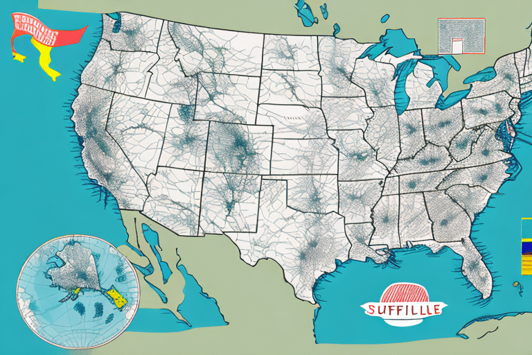 Map of the United States with detailed railroad networks across states, highlighting key FedEx delivery routes. Inset shows Alaska and Hawaii. Decorative banners and elements labeled California and Suffillile are included, reflecting areas potentially affected by delivery area surcharges.
.