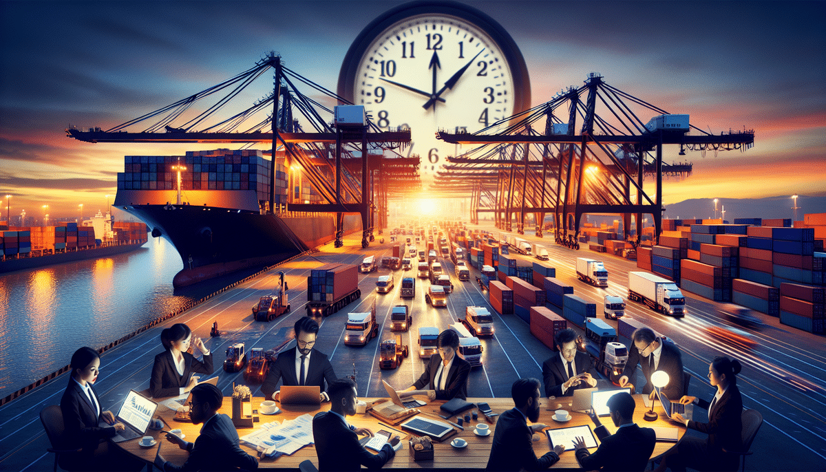 A digitally composed image illustrating global trade: a giant clock looms over a bustling port with cranes, a cargo ship, trucks, and containers. In the foreground, people of various professions collaborate at a long table, deepening their understanding of concepts like demurrage to improve efficiency.