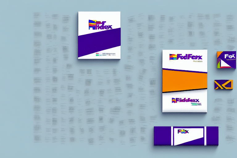 A set of fictional packages and envelopes, branded with FedEx Ship Managers logo and featuring a vibrant color scheme with purple and orange accents, are neatly arranged on a white surface.