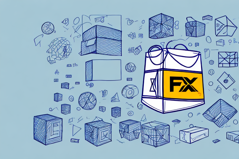 A shopping bag with FX on it, hinting at FedExs signature styling, is surrounded by sketched 3D shapes and designs in oversize dimensions on a light blue background.
