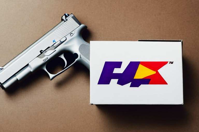 A sleek silver handgun rests on a brown surface beside a white box displaying the bold H4X logo in purple and red, reminiscent of premium offerings like those youd expect when reviewing FedEx shipping rates for high-priority items.