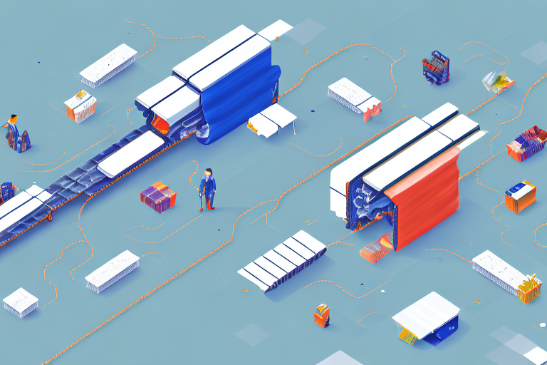 An isometric illustration of a factory floor featuring a UPS conveyor belt system. Workers in hard hats operate machines and organize packages. The scene is colored in a minimalist style with blue, orange, and white tones, capturing the essence of UPS Mail Innovations.