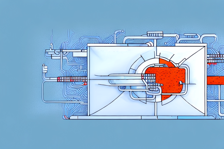 Digital artwork of a futuristic machine with geometric shapes, featuring a central red and white circular element. Tubes and wires, resembling UDP or TCP connections, integrate seamlessly on a blue background, echoing the complexity of a sophisticated technological system.