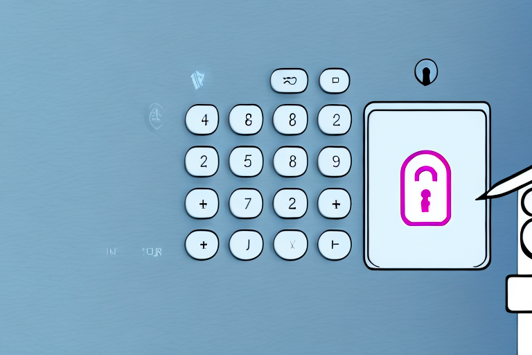 A digital keypad with numbers and symbols on the left, paired with an open, pink lock symbol on the right over a blue background, reflects use and understanding of fob codes to suggest unlocked access.