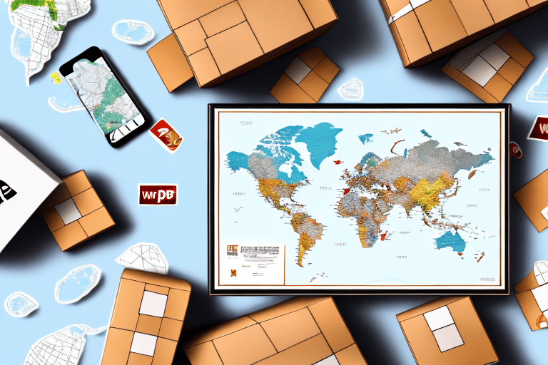 A world map rests on a light blue surface, surrounded by cardboard boxes and a smartphone displaying a similar map. Small paper planes and scattered travel-themed stickers evoke exploration, perfectly blending with the concept of understanding remote shipments like those managed by UPS WorldShip.