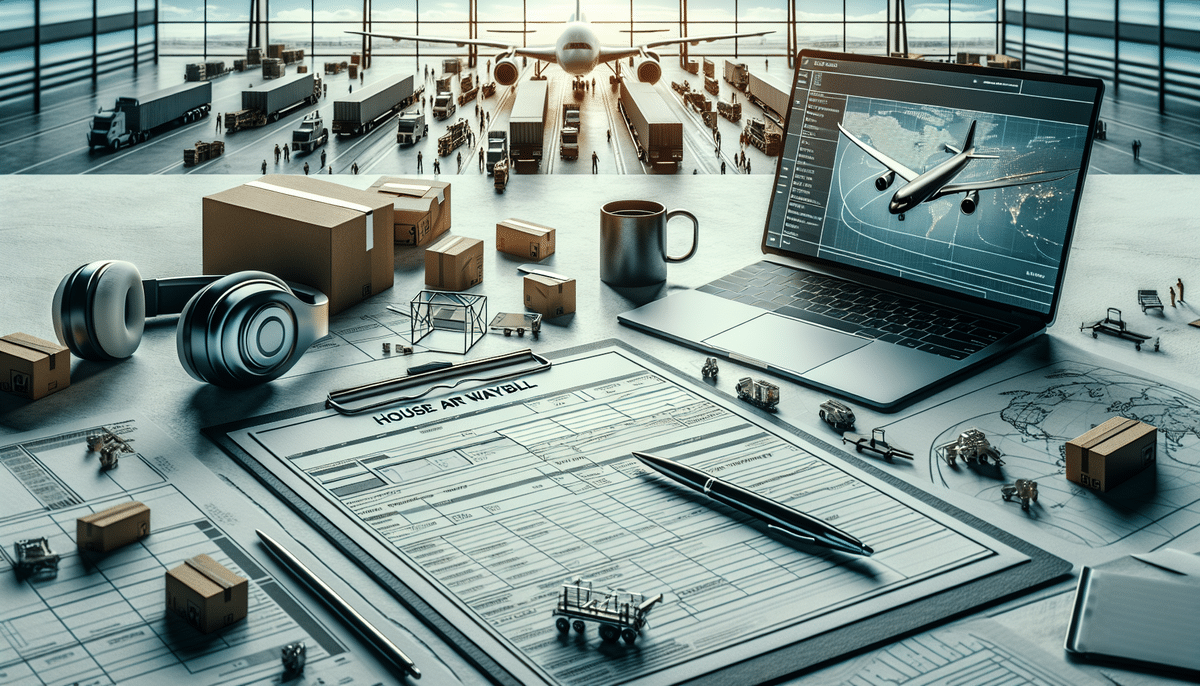 A desk filled with items representing logistics and shipping, including a laptop displaying a world map and plane, various boxes, and a clipboard featuring HAWB paperwork. A mug and small model trucks and planes complete the scene. In the background, a bustling warehouse and aircraft highlight the air freight process.