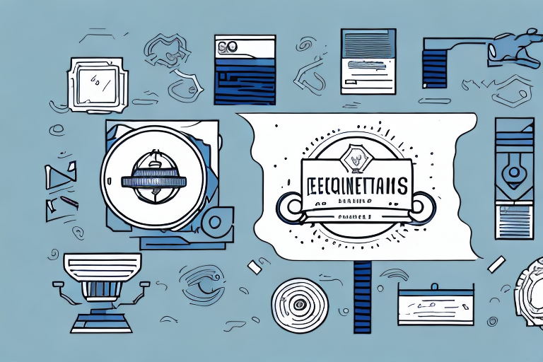 A stylized design displays various objects and abstract shapes surrounding a central emblem. The emblem reads REQUIREMENTS and features intricate lines and curves, reminiscent of an Equipment Interchange Receipt (EIR), set against a light blue background.