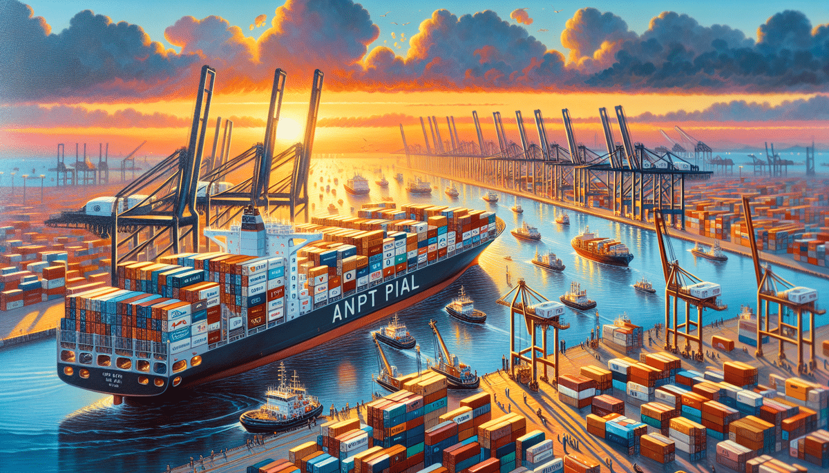 A vibrant, bustling harbor at sunset features a large cargo ship labeled ANPT PIAL, its colorful containers highlighting the benefits of a Vessel Sharing Agreement. Numerous cranes and smaller boats encircle it, while a dramatic sky looms overhead, painted in warm hues.