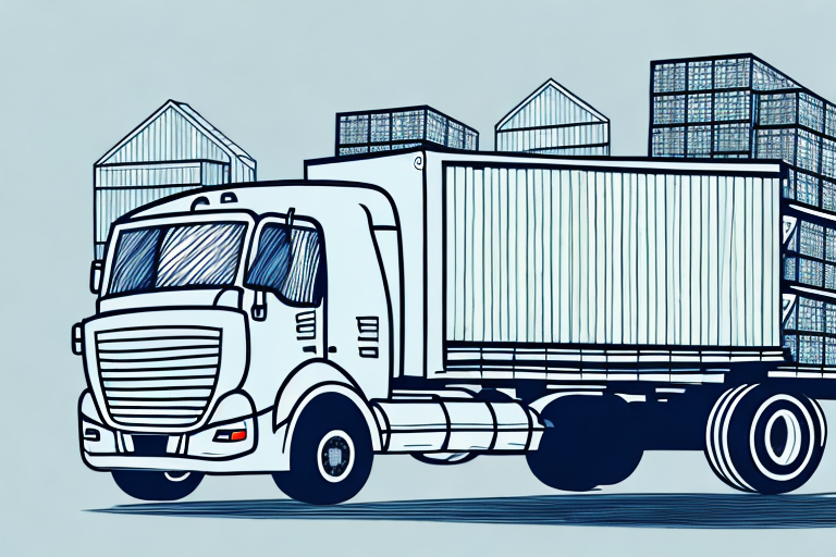 Illustration of a large semi-truck with a trailer, parked in a shipping yard. This concept exemplifies logistics, with several stacked shipping containers and warehouses visible in the background, embodying the FOB destination theme in transportation.