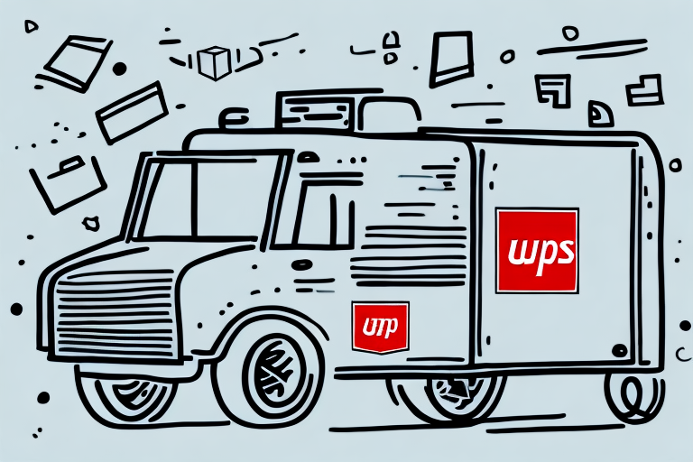 Illustrated image of a delivery truck with wps logos on its side, showcasing the benefits of efficient USPS Shipping. The truck is surrounded by flying packages and envelopes against a light blue background.