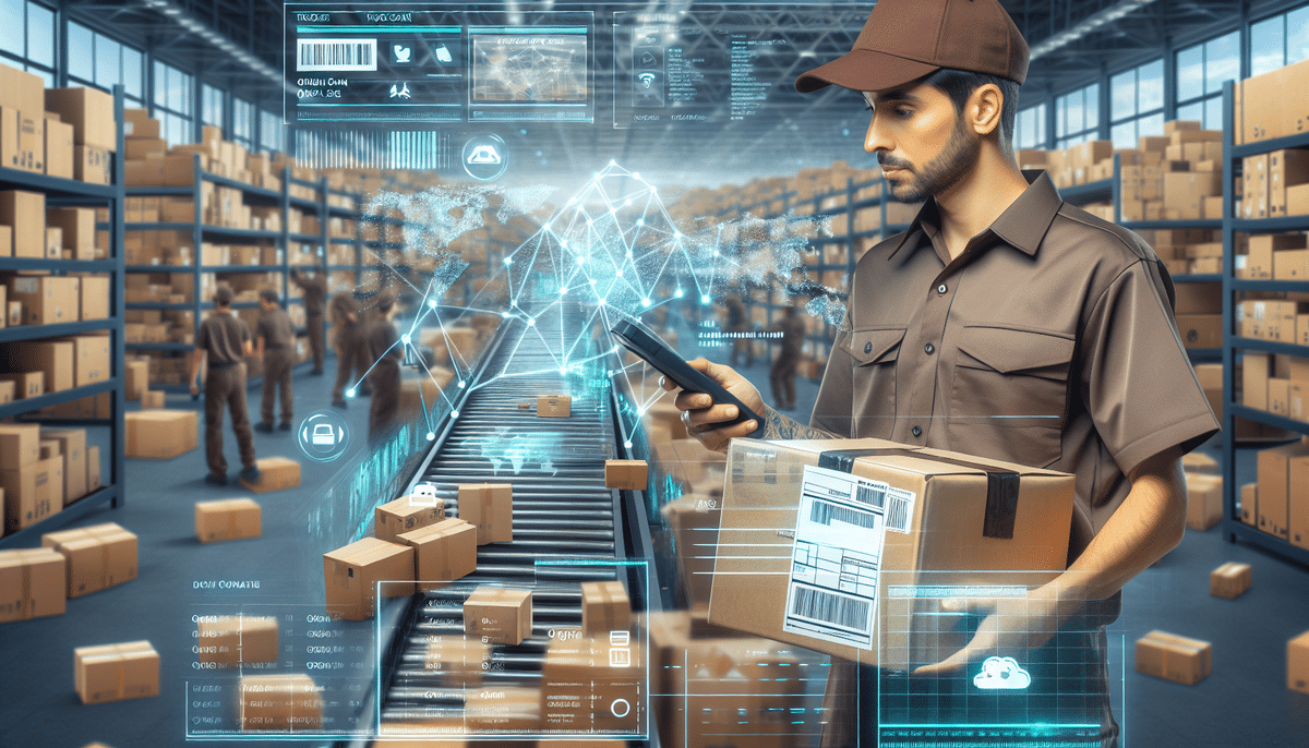 A warehouse worker checks a handheld device while holding a package, utilizing the UPS Origin Scan to enhance efficiency. The background reveals shelves of boxes and a conveyor belt, with holographic data overlaying the image, illustrating the benefits of a futuristic logistics environment.